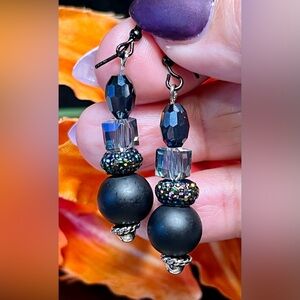 Upcycled genuine onyx/Swarovski  earrings on nickel free black hooks-NEW